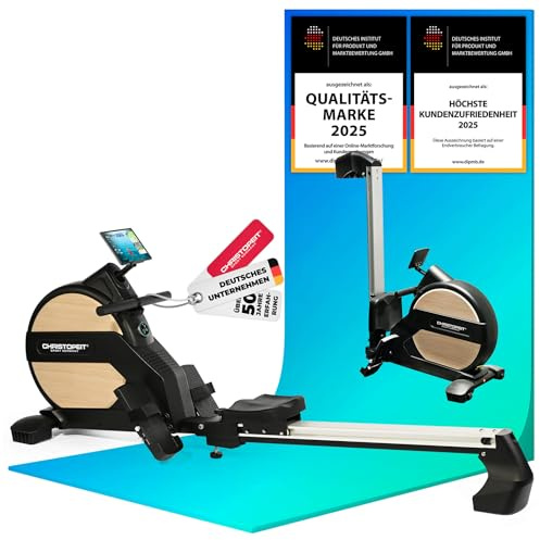 Christopeit Rudergerät klappbar Vico – Ruderzugmaschine, 32 Widerstandsstufen, Magnetbremssystem, 19 Programme, LED-Smart-Control, Bluetooth, Pulsmessgurt kompatibel, 9 kg Schwungmasse, bis 150 kg