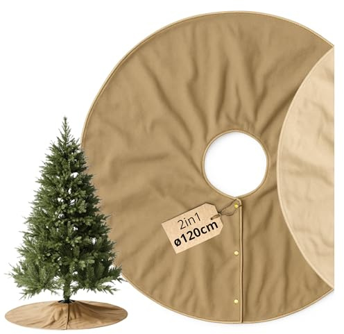 Livlig53 Weihnachtsbaum Decke ø120cm, Weihnachtsbaumdecke rund aus 100% Baumwolle, 2in1 Design - wendbare Tannenbaum Decke, Weihnachtsbaumrock, Weihnachtsbaum Decke Beige I Braun mit Goldsaum | Schöne Weihnachtsbaumdecke rund aus 100% Baumwolle. Wendbarer Weihnachtsbaumrock im 2in1 Design mit elegantem Saum