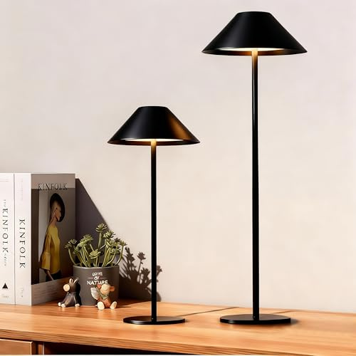 Seyxicnor Black Cordless Lamp Set of 2, Rechargeable Battery Table Light Metal Lampshade with Flexible Height Pole, 3 Color Dimmable Bedside Touch Lamp, Portable Wireless Lamp for Reading/Home