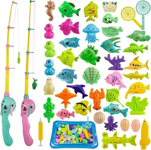 Giocattolo Pesca Magnetico 45 pezzi Fishing Game Magnetico Giocattolo da Bagno Canne da Pesca Giocattolo con Piscina Gonfiabile Giocattolo Divertente all'Aperto Regali Ottimi per Bambini