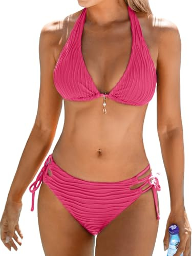 CUPSHE Women's Bikini Sets Plunging Neck Halter Low Rise Cheeky Bottom Strappy Side Tie Two Piece Swimsuit Swimwear Magenta M
