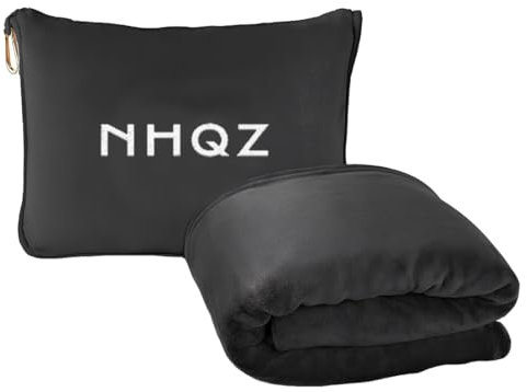 NHQZ 50X60 Zoll Weiche & Warme Reisedecke für Flugzeug & Auto - Unentbehrlich für Lange Flüge,Flugzeug Gadgets,Kissen Decke 2 in 1,für Frauen,Männer,Kinder,mit Kopfkissenbezug & Rucksackclip -Schwarz