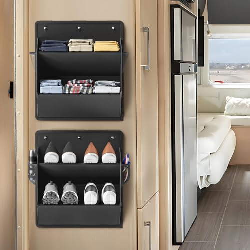 LOHOM Schuhregal für Wohnmobile, mit Klebeband, Schuhregal zum Aufhängen an der Tür, Schuh-Organizer mit großen, tiefen Taschen für Wohnmobil, schmal, platzsparend, Schwarz, 2 Stück