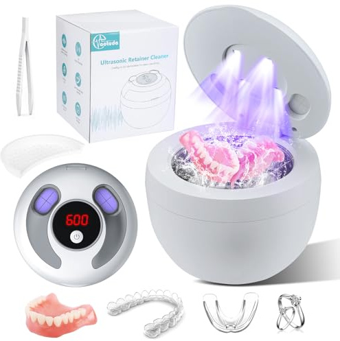 45000Hz Ultrasonic Cleaner Nettoyeur Ultrasons, 200ML Dental Pod, 25W Nettoyant Ultrason avec 4 UV Lampe, 4 Modes pour Prothèses Dentaires, Gouttière Dentaire, Retainer, Bijoux, tête de brosse