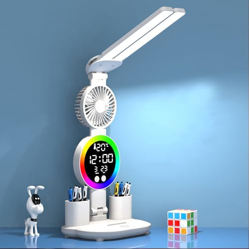 LED Desk Lamp with Dual Heads, Touch Control Table Lamps with Pen Holder & Fan & Clock & Temperature, 3 Colors Dimmable Eye-Caring Reading Light, Study Lamp for College Dorm Room Office