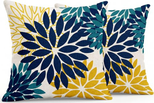 JANGYUHH Juego de 2 Fundas de Cojín de 45x45 cm Diseño Floral Moderno de Doble Cara Azul Amarillo para Sofá Dalias para Exterior de Lino Decorativas para Sofá Jardín Sala De Estar Cama