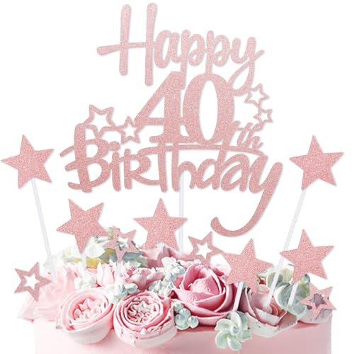 mciskin Rose Gold Happy 40th Birthday Cake Toppers,40th Birthday Decorations for Women,Personalised Cake Topper Rose Gold Glitter Star Cupcake Toppers for Girls Women Party Decorations Supplies