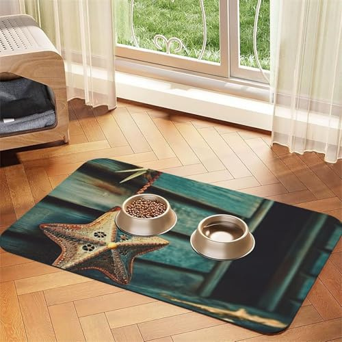 Wooden Starfish Print Pet Feeding Mat Dog Mat for Food and Water Bowl Dogs Water Dispenser Mat Dogs Accessories