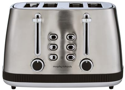 Morphy Richards Mexborough 4 Slice Toaster, Stainless Steel, Independent Operation, Browning Controls, Removable Crumb Tray, Anti-Jam, Defrost, Cancel, Reheat, 1860W, Black Trim, 242901
