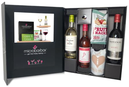 MicroBarBox Grape and Graze Wine and Snack Gift Set in a Premium Luxury Gift Box | Red, White and White Zinfandel Wine | Premium Snacks