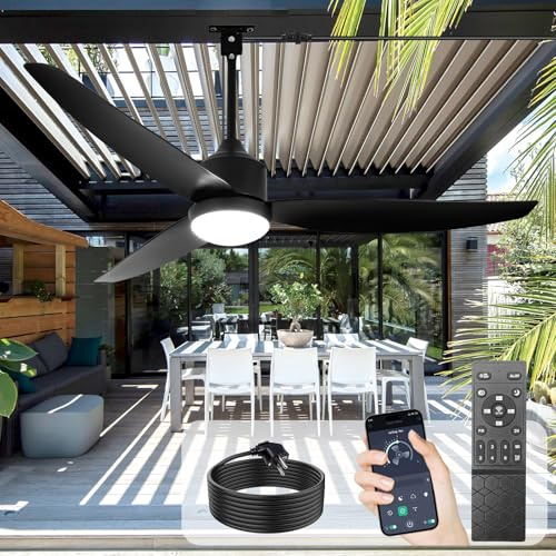 Ventilador de techo para exteriores con luz: Ventilador colgante negro de 52 para cenador Impermeable - Ventiladores enchufables para exteriores para patio, porche y pérgola con mando a distancia APP