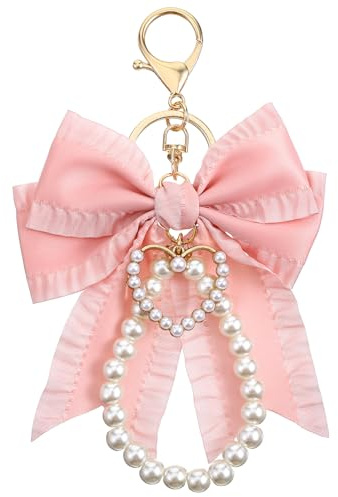 Quilax Bow Bag Charm, Cute Pink Bag Charm, Bow Keychain with Pearl Wristlet, Bowknot Backpack Charms for Women Gift, Purse Charms Decoration Accessories