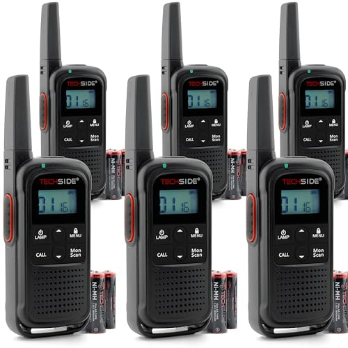 TechSide TS-T3 Go Ricetrasmittente PMR446, 16 Canali, Portata 10 km, Ricarica USB-C, con batterie ricaricabili, Torcia LED, 6 Pezzi