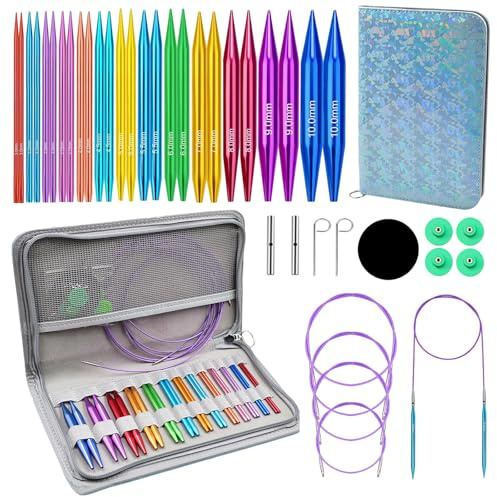 Knitiss 13Size Circular Knitting Needles 4 Round Knitting Needle 3-10mm | Interchangeable Aluminum Circular Knitting Needle Set, Knitting Needles with 4 Cables, Round Needle with Case