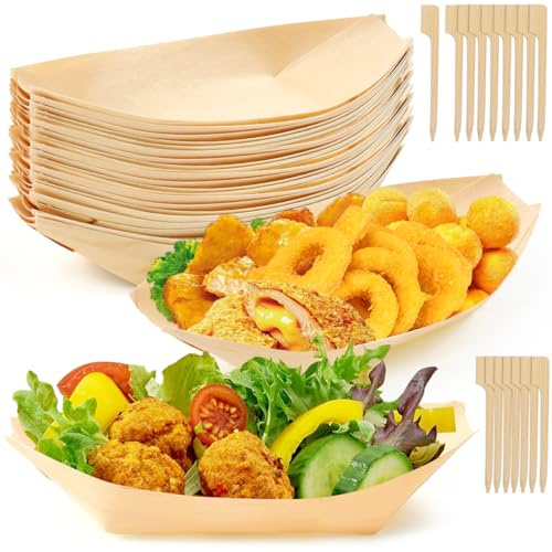 Huucozn 50 Stück Fingerfood Schalen Einweggeschirr Snackschale Einweg 170 x 85mm Snackschalen mit 50 Holzspieße Currywurst Schale Holzschale Abbaubar kleine schälchen für Pommes Chips Snacks Dessert