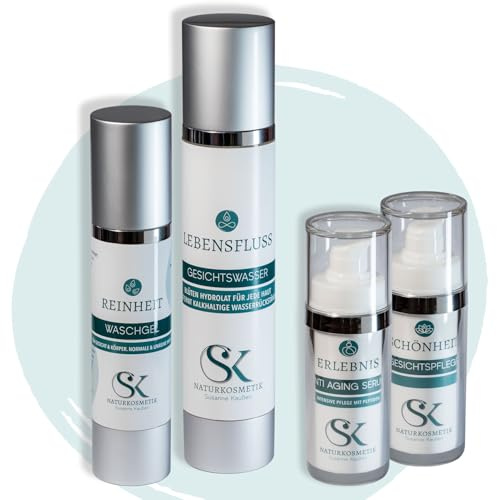 SK Naturkosmetik Bundle für unreine Haut – 4-teiliges Set mit Waschgel, Gesichtswasser, Anti-Aging Serum & leichter Creme – natürliche Gesichtspflege bei Pickeln & Unreinheiten – Made in Germany
