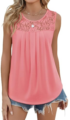 Zeagoo Women Summer Tops Ladies Sleeveless Tops Loose Lace Vest Top | Casual Tank Top Pleated Floaty Tunic Blouses