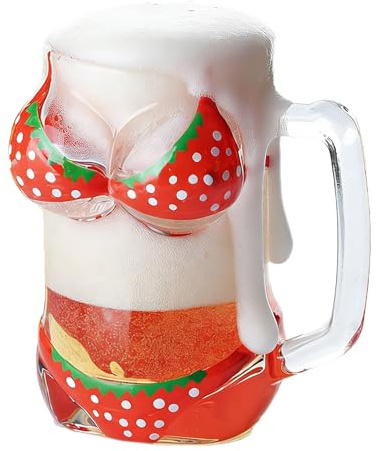 Verre à Bière Sexy en Forme de Corps Grande Chope à Bière 300ML en Forme de Bikini Verre à Liqueur Créative et Drôle Tasse Fantaisie pour Alcool Boissons Chope pour la Maison le Bar la Fête, Fraise