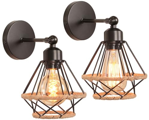 iDEGU 2 Stücke Vintage Wandlampe 16cm Wandleuchte Industrial Design Käfig Eisen Lampenschirm mit Hanfseil Retro Lampe Verstellbare Deckenleuchte Wandleuchte für Wohnzimmer Flur Küche (Typ-C Schwarz)