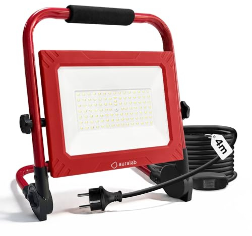 auralab Faro LED da cantiere 100 watt con interruttore, faretto portatile 10000 lumen, cavo 4 metri, luce da lavoro impermeabile IP65 con cavalletto, 6500K per garage, officina