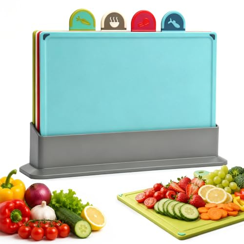 Newthinking Colour Coded Chopping Board Set with Food Icons, 4 Pack | 4 Colour Coded, PP Plastic, Non-Slip, Scratch-Resistant, Small Kitchen Chopping Boards with Storage Stand, 30×20×0.5cm