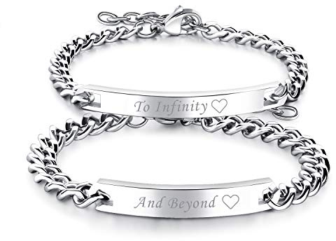 Cupimatch 2pcs His and Hers Couple Bracelets Set, Adjustable Titanium Stainless Steel To Infinity And Beyond Love Matching Bracelet Link Jewelry Set,Silver …