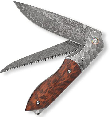 DELLINGER Wilderer VG-10 Damast Taschenmesser mit Bügelsäge & Klappmesser & Damaststahl Messer & Outdoor Damastmesser Folder Knife 9 cm Klinge