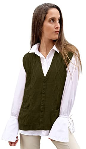 TINKUY PERU Sweater For Women, V Neck Argyle Sweater Vest, Soft Authentic Peruvian Alpaca Wool Knitted Jacquard Pullover Sleeveless Sweater with Buttons for Women, Size S-2XL, (Olive Green, Medium)
