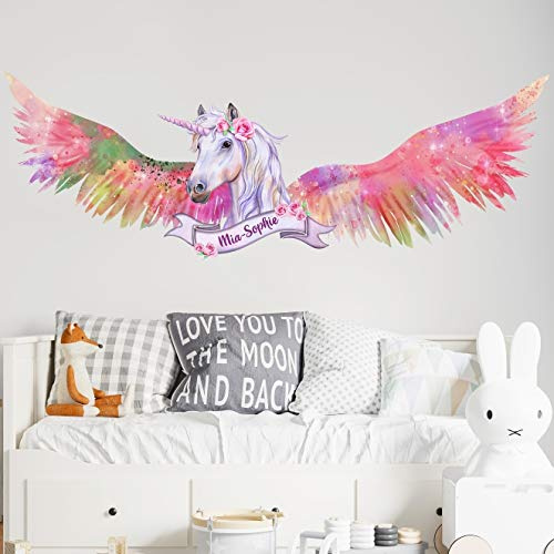 tjapalo® v124 Mädchen Wandtattoo Einhorn mit Namen Wandtattoo Kinderzimmer Mädchen name Mädchenzimmer kleinkind deko Wunschname, Größe: B90xH36cm