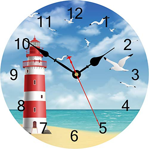 TAHEAT Leuchtturm Möwe Ozean Wanduhr, Hölzern Batteriebetrieben Uhren, Leise Nicht tickend Leicht zu lesen Wanduhr für Küche/Schlafzimmer/Wohnzimmer, 34 cm | Übergroße Zahlen sorgen für müheloses Ablesen aus der Ferne. Ein auffälliges, lautloses nautisches Geschenk für einen