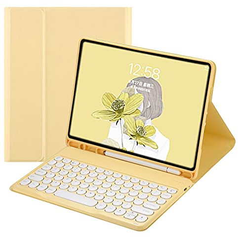 Disonbeir Keyboard Case for iPad 6th 5th Generation 9.7, Air ＆ Air2, iPad Pro 9.7 inch Cute Round Key Wireless Removable BT Color Keyboard Cover with Pencil Holder (Yellow)