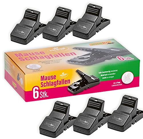 inseko 6X Premium-Mausefallen – Kunststoff/Metall – Wiederverwendbare Schlagfalle – inkl. Handschuhe