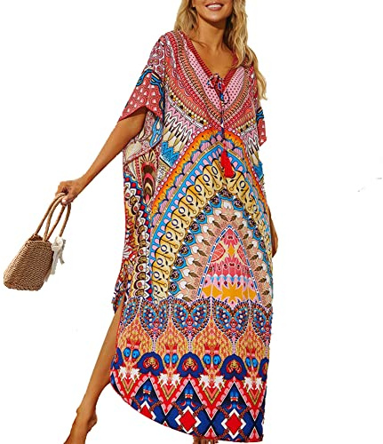 Lazz1on Donna Kaftan Lungo Abito da Spiaggia Maxi Bohemien Parei Copricostumi Copribikini Cover ups Scollo a V
