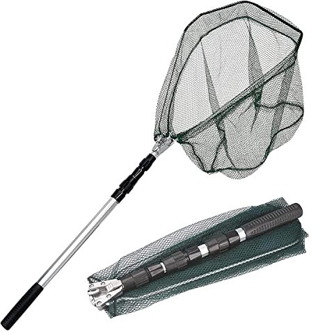 KK'S GLAMS® Telescope Fishing Landing Net - Foldable Collapsible Extensible 1.5M Aluminum Alloy Pole Handle, Lightweight Portable for Bird Fish Catch (Silver Pole/Green Net)
