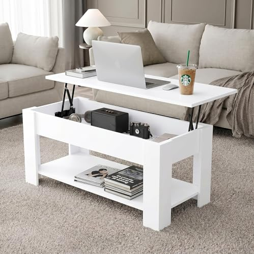 Blisswood Coffee Table with Storage, Lift Up Coffee Tables for Living Room, Wooden Coffee Table with 1 Shelf Large Hidden Storage Modern Rectangular Sofa End Lift-Top Tea Table Furniture (White)