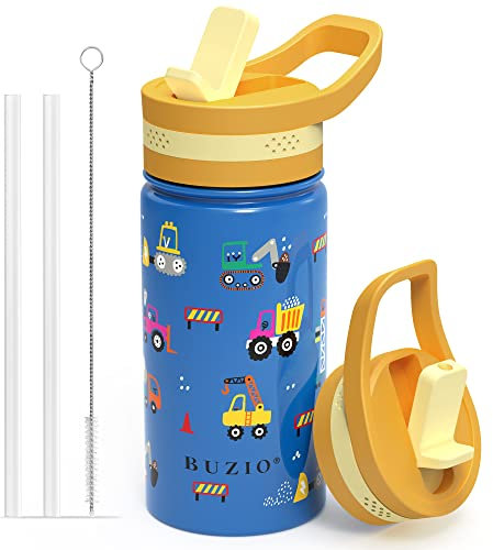 Thermobecher Kinder, BUZIO Edelstahl Trinkflasche kinder 400ml vakuumisolierte Edelstahl-Thermoflaschen für Kleinkinder Wiederverwendbar Auslaufsicher BPA-frei, Blaues Auto