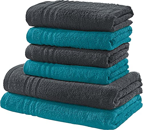 REDBEST Handtuchset, Frottierset New York 2-farbig 6-TLG. anthrazit-Petrol - leichte, weiche Qualität, saugstark, sehr strapazierfähig, 100% Baumwolle (weitere Farben)