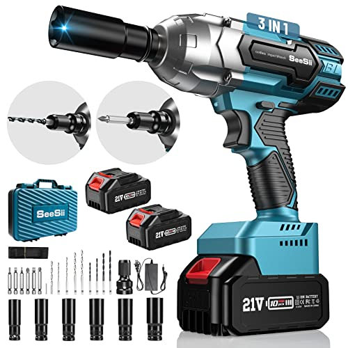 Seesii Avvitatore a Impulsi Brushless, 650Nm Avvitatori a Massa Battente con 2x4.0Ah Batteria, Velocità Variabile, 6 bussole, 9 punte, 6 viti (650Nm)