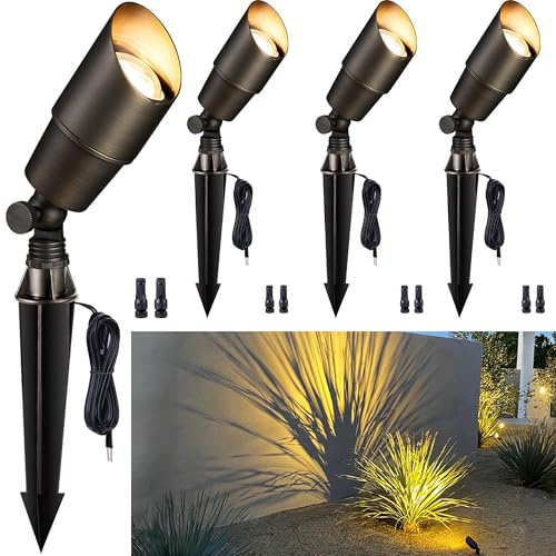 Gardenreet Brass Landscape Lighting - Outdoor Low Voltage Spotlights LED, 12V Wired Uplights, Waterproof Spot Lights Antique Bronze for Outside Trees Without MR16 Bulb (4 Pack)