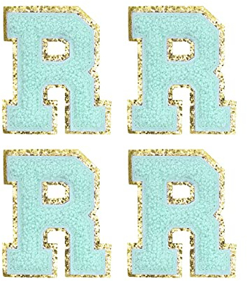sourcing map 4 Stück Buchstaben zum Aufbügeln, Selbstklebende Chenille Buchstaben R mit Gold Rand, Gestickter Patch zum Aufbügeln für Kleidung, Tasche, Stoffe, Handyhülle(Blau)