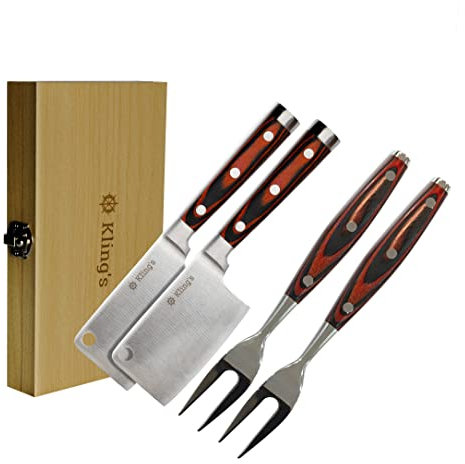 Kling's I Steakbesteck Set - 4-teilig Premium Grillbesteck Set, 2 Steakmesser & 2 Gabel Set mit Holzgriff aus Pakkaholz, Steakmesser Beil, Edelstahl
