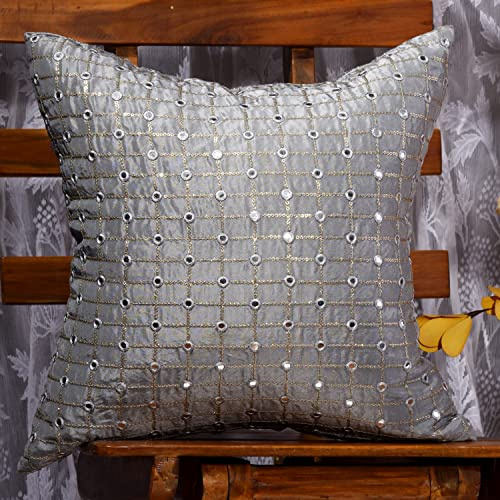 SCARLETT LINENS Throw Pillows for Couch 16x16 Set of 2 Silver Embroidered Cushion Covers Silk Pillow Cover Decorative Pillowcases