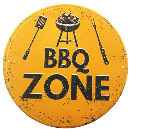 Gad2go Metal BBQ Sign Vintage Round BBQ ZONE Tin Wall Sign Poster Decor for Home Kitchen Garden Bar (30 x 30 cm)