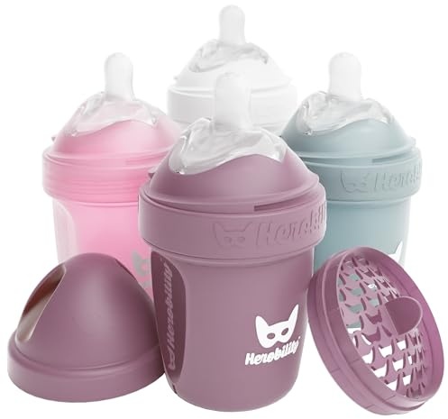 Herobility Double Anti-Colic Baby Bottles – 5 fl oz/140ml – 4-pack – Multicolor – White, Gray, Pink, Hawthorn Rose