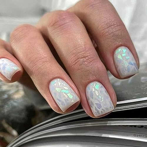 24 Stück Press on Nails Kurz, Pailletten Glitzer Eckig French Künstliche Nägel, Acryl Full Cover Nägel Zum Aufkleben mit Nagelkleber Aufkleber, Fingernägel Kunstnägel Fake Nails für Frauen & Mädchen