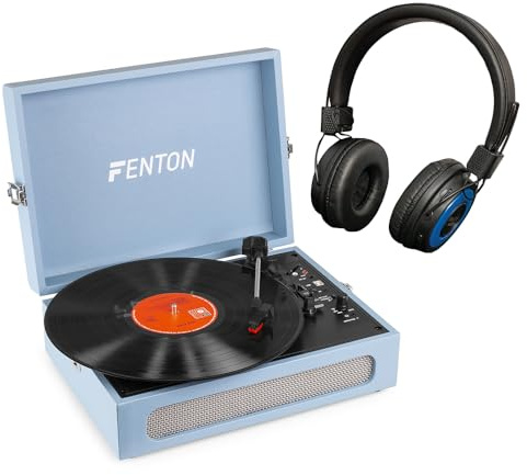 Fenton RP118E Briefcase Record Player with Wireless Bluetooth Headphones, Vinyl Turntable with Integrated Speakers, Bluetooth In/Out, Vinyl to MP3 USB Conversion, Retro Blue Finish