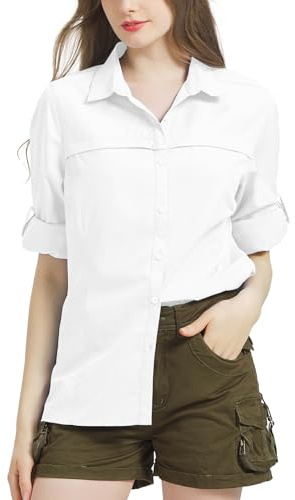 Jogwits skjortblus dam UPF 50 UV skydd andas snabbtorkande safari-kläder damer lediga toppar sport toppar långärmad skjorta damer utomhus vandringströja, Vit, S