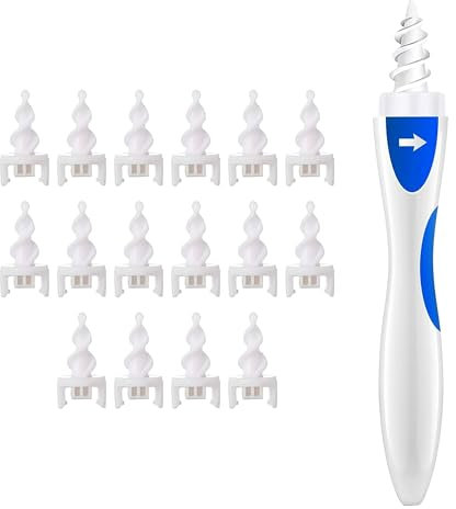Trimming Shop Ear Wax Remover Kit - 16pcs Washable Tips, Soft Silicone Spiral Ear Cleaner Tool for Effective Earwax Removal - Safe for Kids & Adults - Reusable Ear Cleaning Tool (Blue)