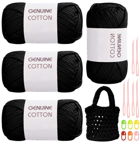 RANJIMA Schwarzes Garn, 4 Stück Einfach Garn, Häkelgarn für Anfänger, Gut Sichtbare Maschen Garns Zum Häkeln mit Häkelzubehör, Baumwoll-Nylon-Garns für Kleidung, Decken, Taschen, Pullover
