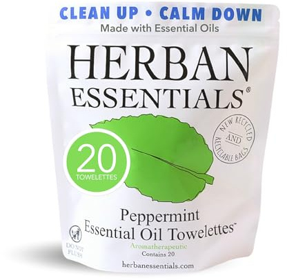 Herban Essentials Peppermint Wipes & Towelettes, Essential Oil, 20 Count